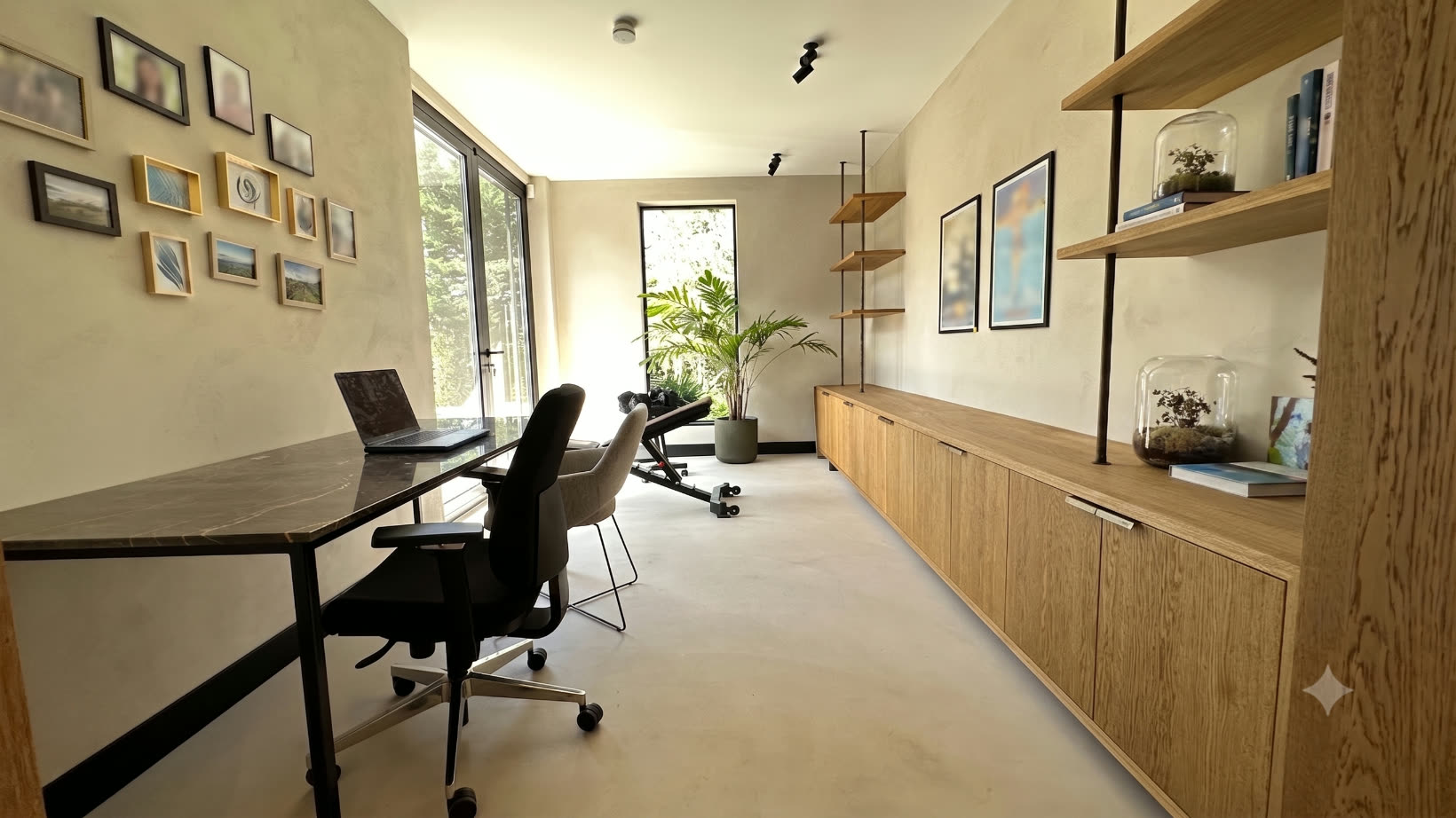 Office with a full-height oak cabinetry wall